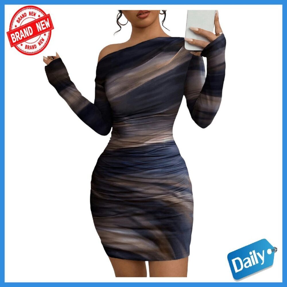 Long Sleeve Ruched Bodycon Mini Dress Off Shoulder Asymmetrical